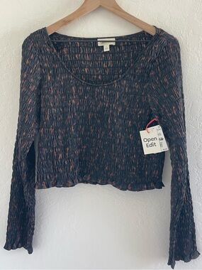 NWT Nordstrom Open Edit Black and Brown Women's Ruched Cropped Blouse, Large